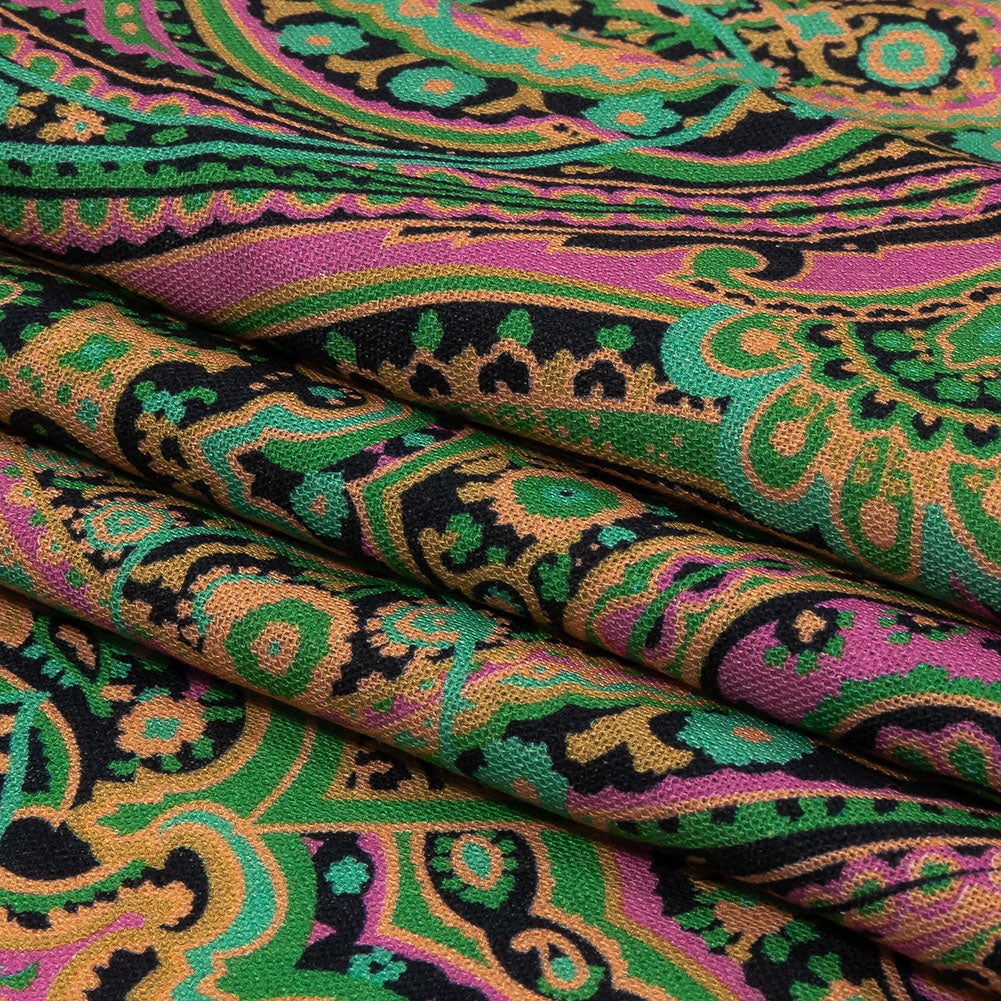 Linen and Rayon Woven - Black and Green Paisley - Hippy Shake Print - Mood Exclusive Citrus Collection