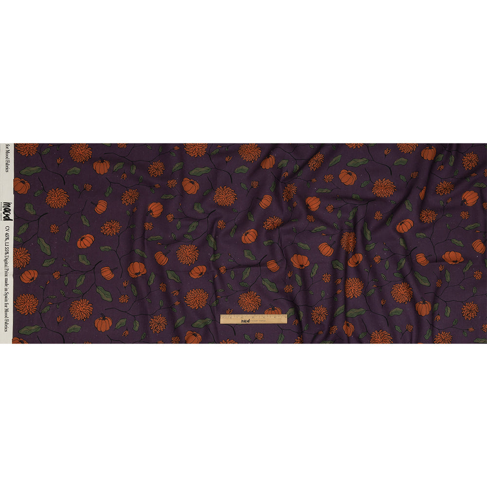 Linen and Rayon Woven - Purple and Orange Pumpkins and Flowers - Chrysanthemum Crisp Print - Mood Exclusive Jack-O-Lantern Collection