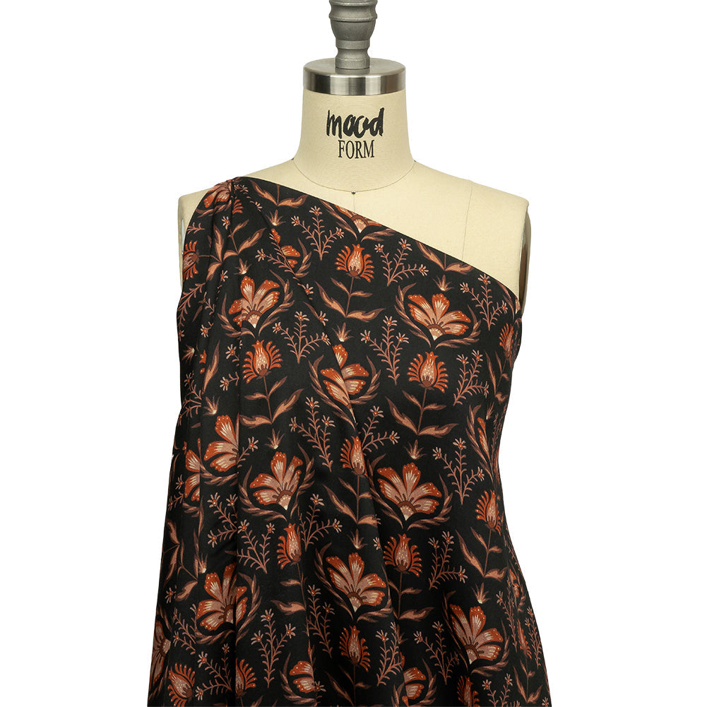 Rayon Challis - Black and Orange Floral - Watching the Fire Print - Mood Exclusive Rockland Collection
