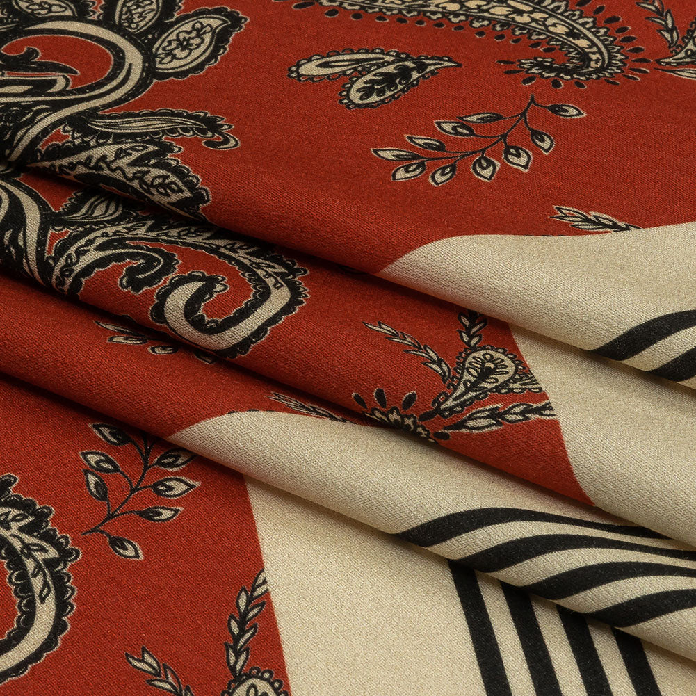 Rayon Challis - White and Orange Paisley and Chevron - Well Travelled Trails Print - Mood Exclusive Rockland Collection