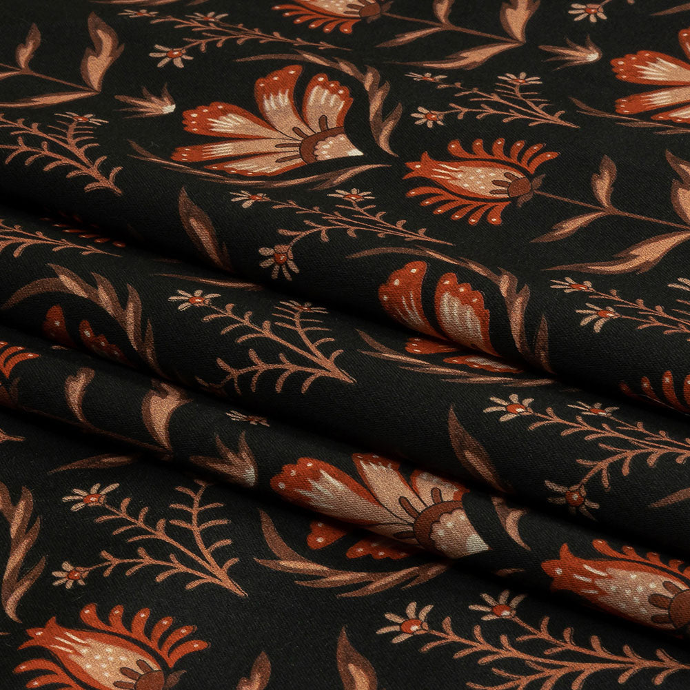Stretch Cotton Sateen - Black and Orange Floral - Watching the Fire Print - Mood Exclusive Rockland Collection