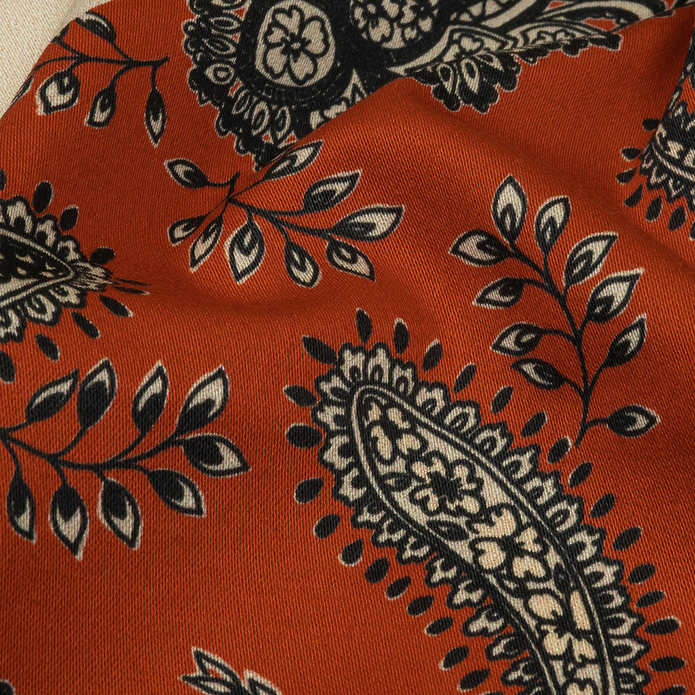 Stretch Cotton Sateen - White and Orange Paisley and Chevron - Well Travelled Trails Print - Mood Exclusive Rockland Collection