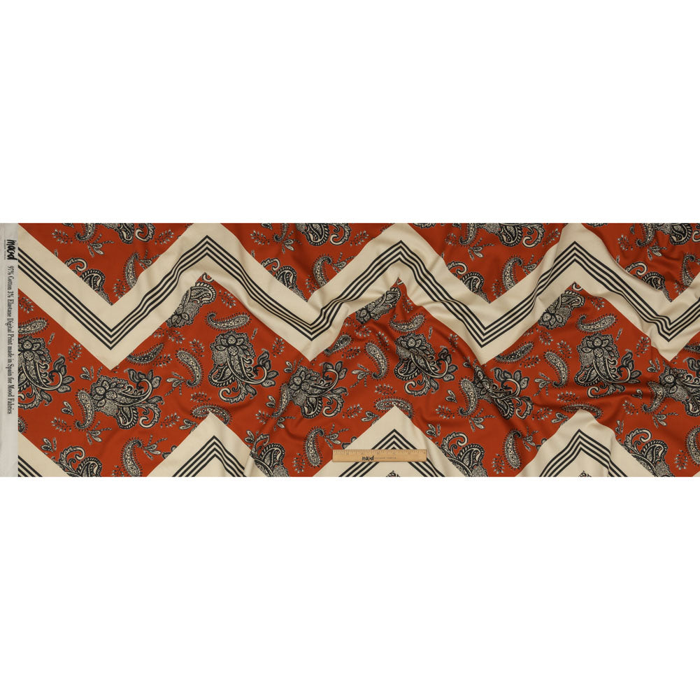 Stretch Cotton Sateen - White and Orange Paisley and Chevron - Well Travelled Trails Print - Mood Exclusive Rockland Collection