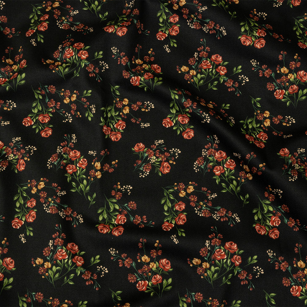 Stretch Cotton Sateen - Black and Pink Floral - Mason Jar Bouquet Print - Mood Exclusive Rockland Collection