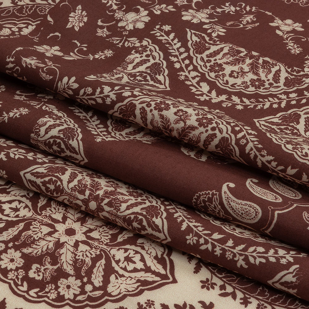 Cotton Voile Panel - Beige and Burgundy Paisley - Impressions in Time Print - Mood Exclusive Rockland Collection
