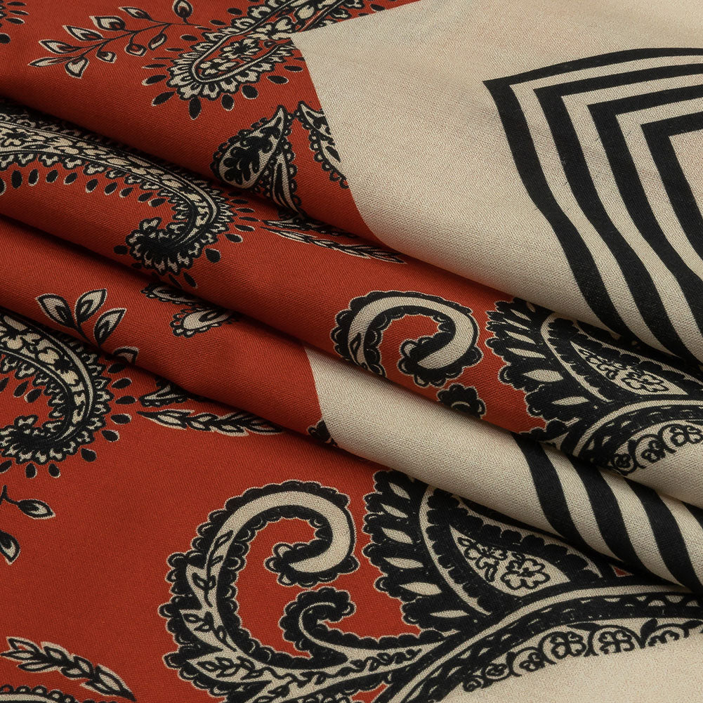 Cotton Voile - White and Orange Paisley and Chevron - Well Travelled Trails Print - Mood Exclusive Rockland Collection