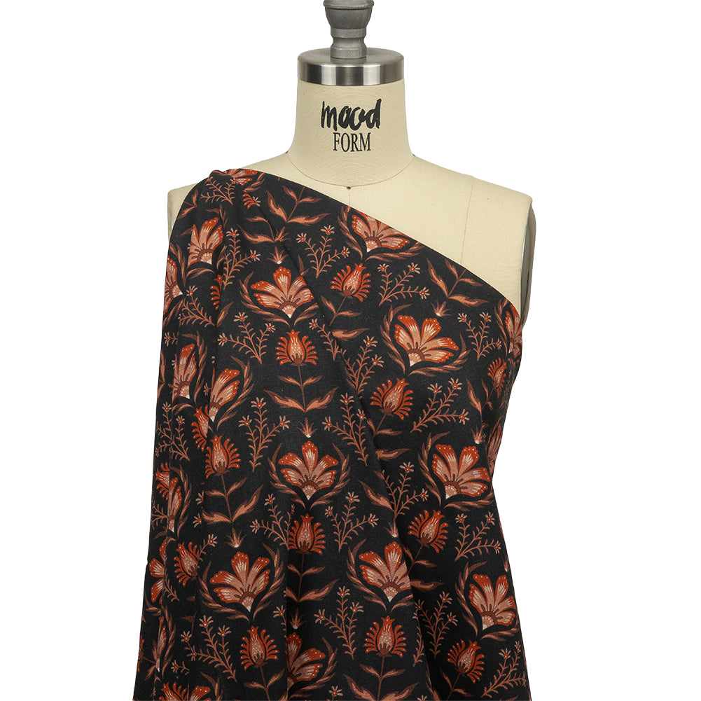 Linen and Rayon Woven - Black and Orange Floral - Watching the Fire Print - Mood Exclusive Rockland Collection