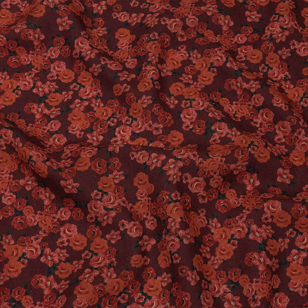 Linen and Rayon Woven - Red Floral - Rose Garden Romance Print - Mood Exclusive Rockland Collection