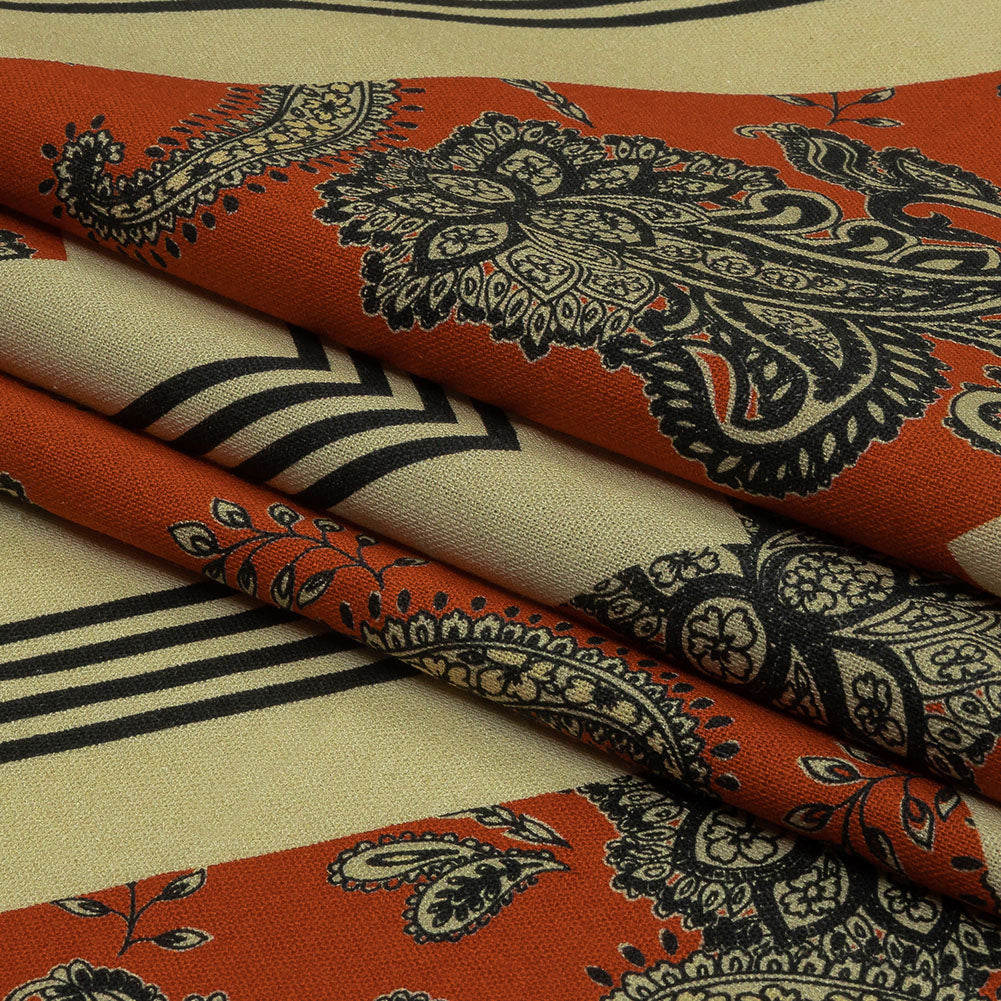 Linen and Rayon Woven - White and Orange Paisley and Chevron - Well Travelled Trails Print - Mood Exclusive Rockland Collection