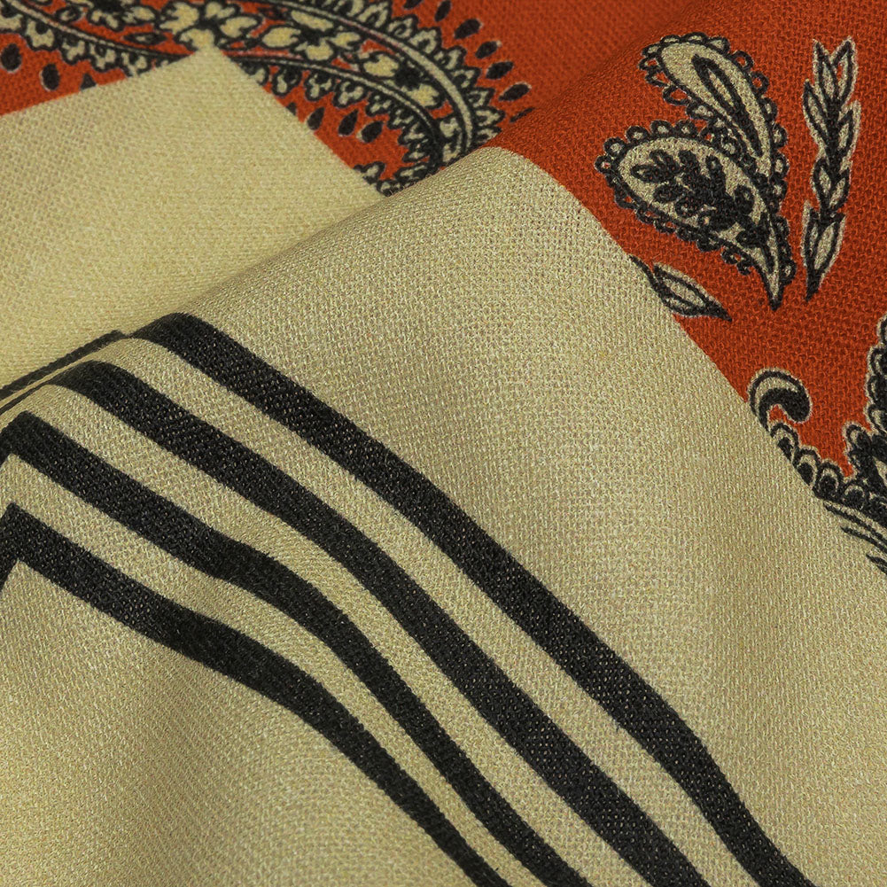 Linen and Rayon Woven - White and Orange Paisley and Chevron - Well Travelled Trails Print - Mood Exclusive Rockland Collection