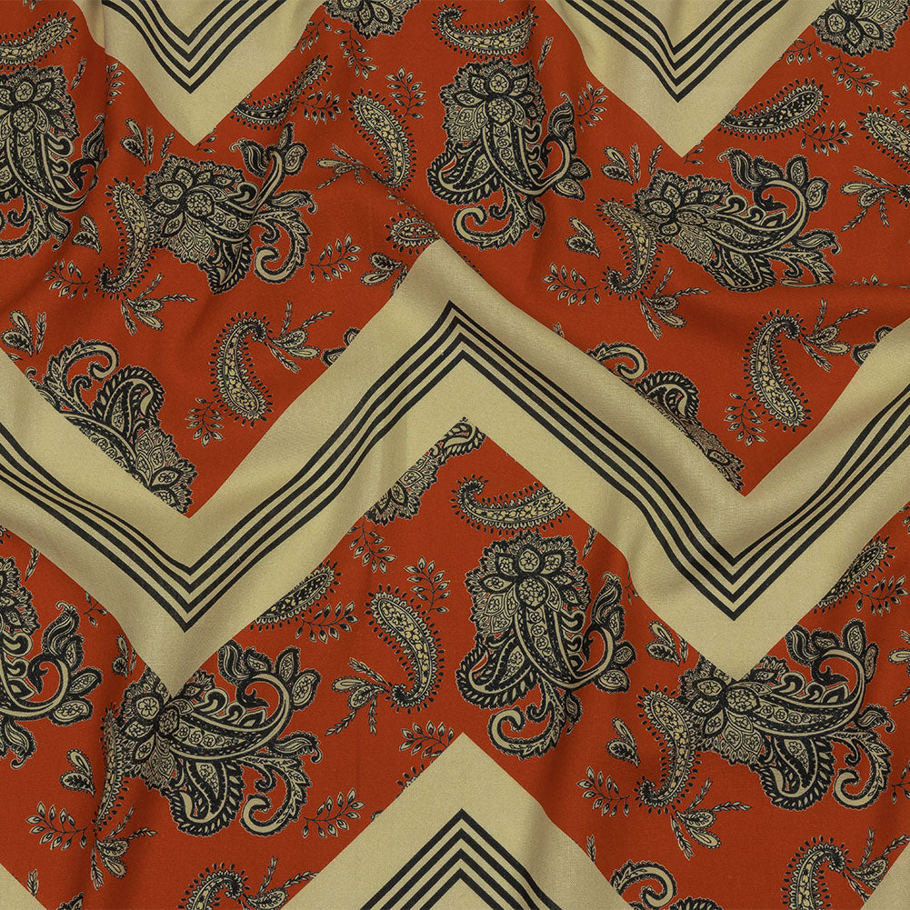 Linen and Rayon Woven - White and Orange Paisley and Chevron - Well Travelled Trails Print - Mood Exclusive Rockland Collection