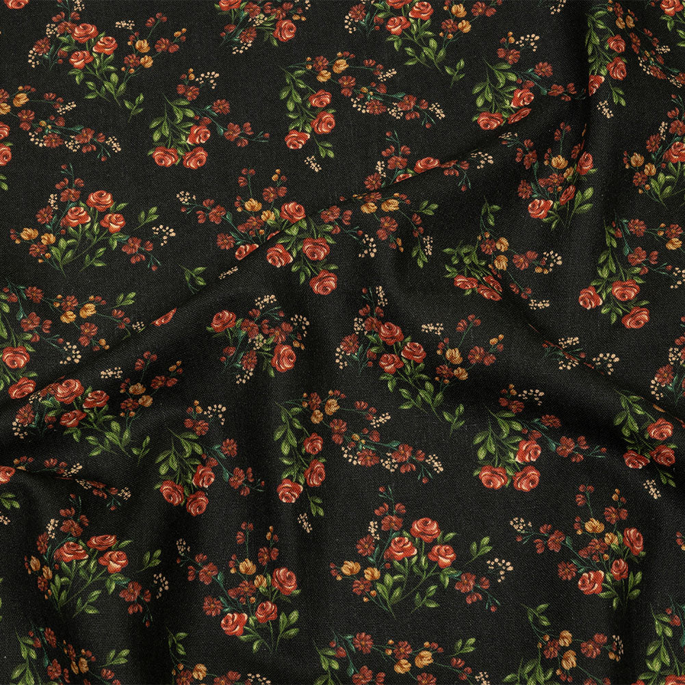 Linen and Rayon Woven - Black and Pink Floral - Mason Jar Bouquet Print - Mood Exclusive Rockland Collection
