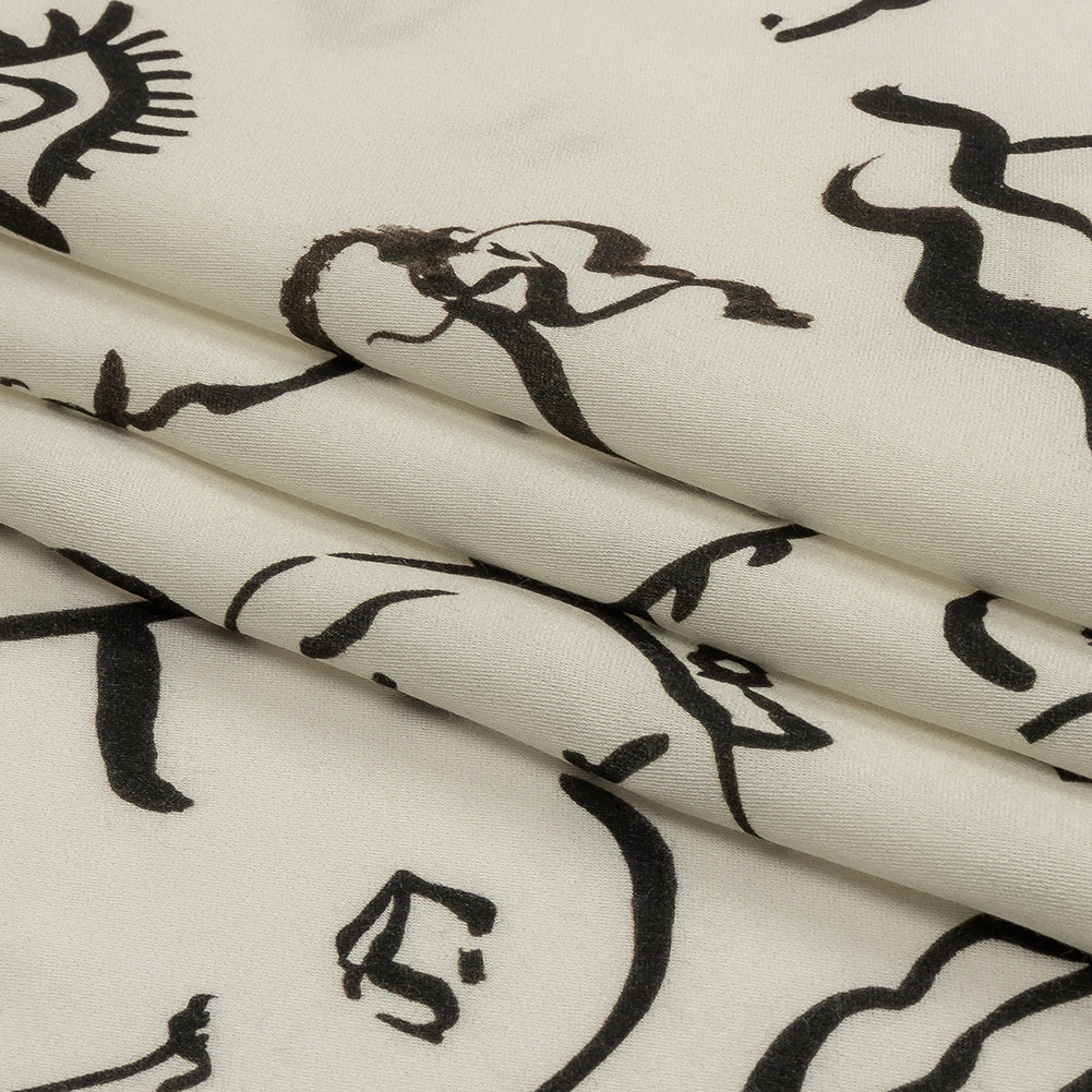 Rayon Challis - Black and White Face Drawings - Everyday Runway Print - Mood Exclusive Metro Collection