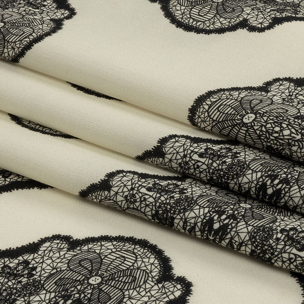 Rayon Challis - White Lacy Medallions - Cathedral Windows Print - Mood Exclusive Metro Collection