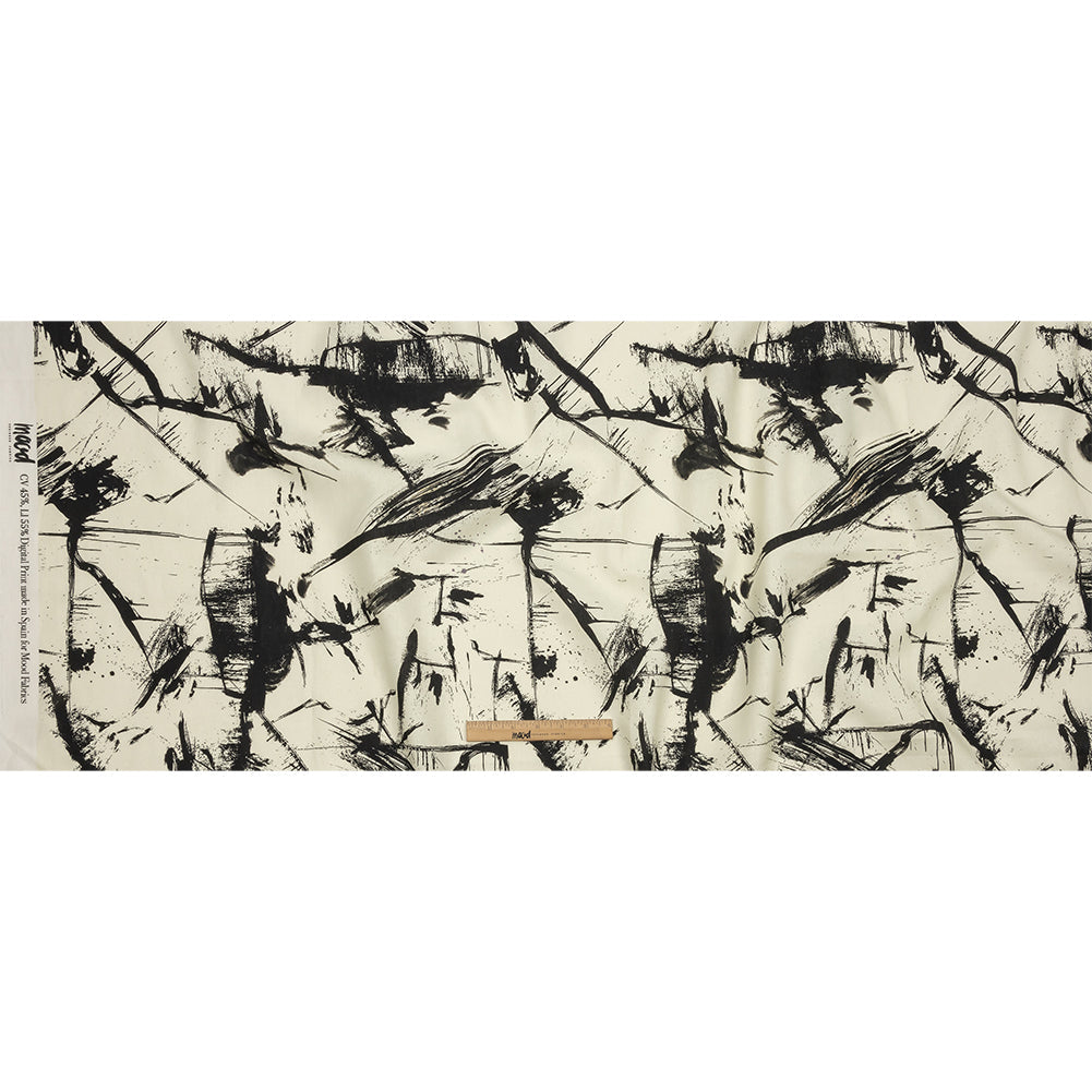 Linen and Rayon Woven - Black and Ivory Abstract - Subway Lines Print - Mood Exclusive Metro Collection