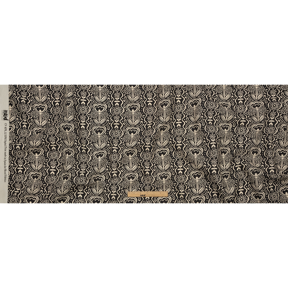 Linen and Rayon Woven - Black and White Floral Rows - Park Avenue Print - Mood Exclusive Metro Collection