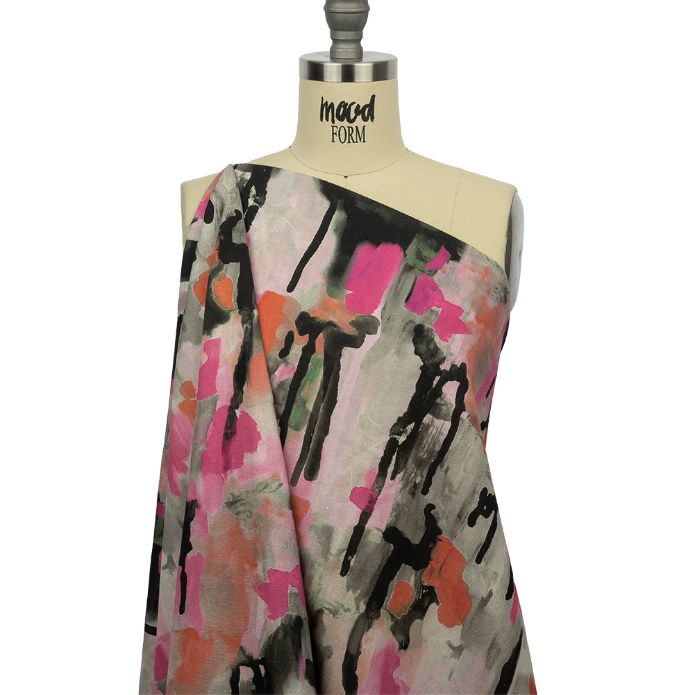 Linen and Rayon Woven - Pink and Orange Abstract Paint Drips - Painted Aspirations Print - Mood Exclusive Metro Collection