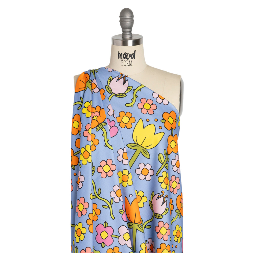 Stretch Cotton Sateen - Blue, Yellow and Purple Simple Floral - Mood Exclusive Atari Acres Print