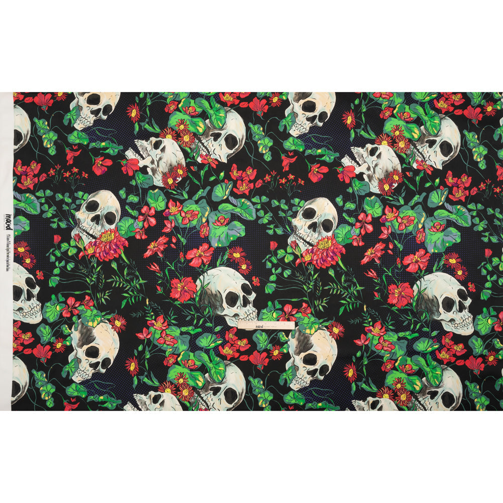 Stretch Cotton Sateen - Black, Red and Green Skulls and Flowers - Mood Exclusive Poor Yorick Print