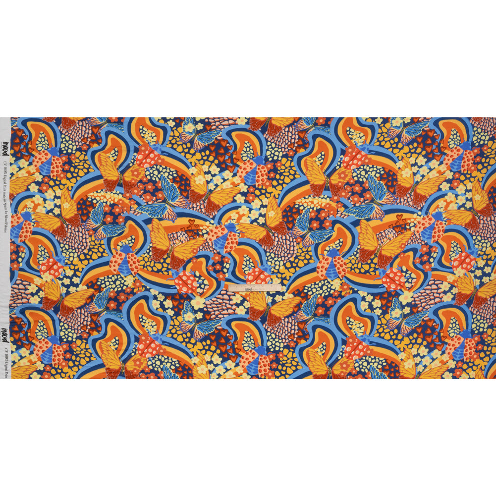 Rayon Challis - Orange and Blue Butterflies and Doodles - Sunbeam Garden Print - Mood Exclusive Chariot Collection