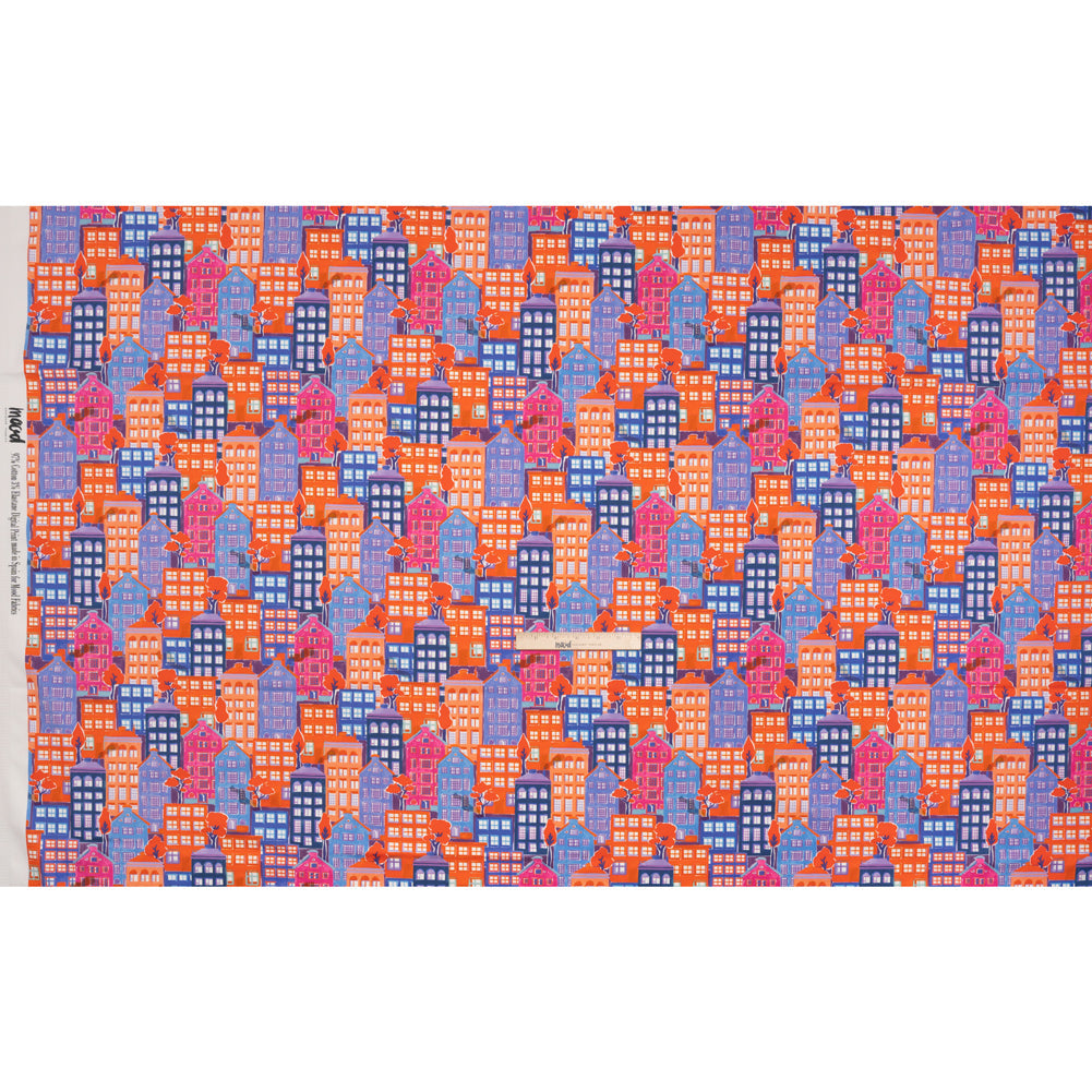 Stretch Cotton Sateen - Purple, Orange and Blue Houses - Sunlit City Print - Mood Exclusive Chariot Collection