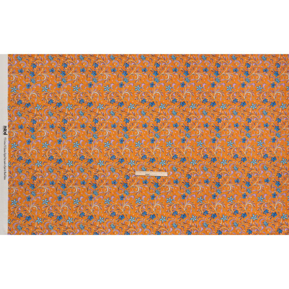 Stretch Cotton Sateen - Orange and Blue Floral - Apollo's Laurel Print - Mood Exclusive Chariot Collection