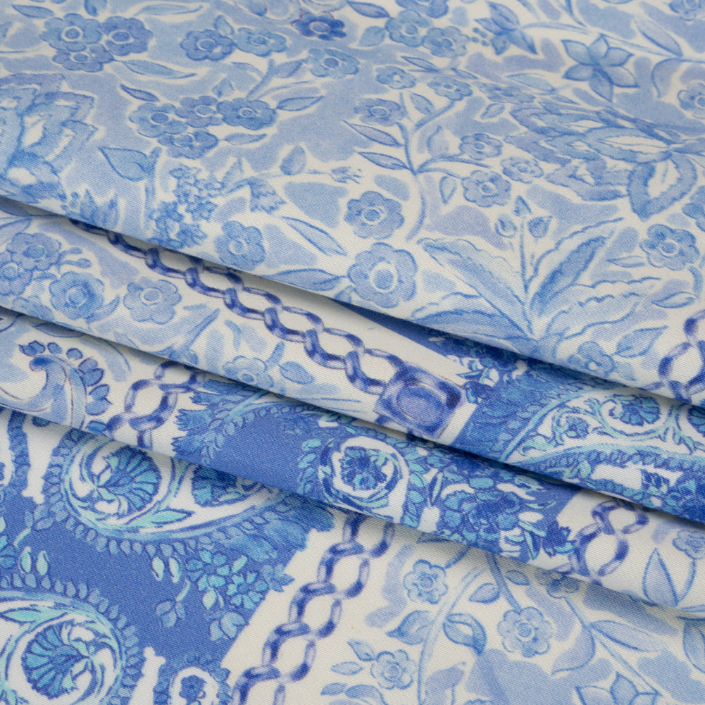Stretch Cotton Sateen Panel - Blue Paisley Floral - Sicilian Summer Print - Mood Exclusive Chariot Collection