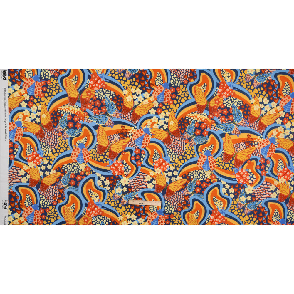 Cotton Voile - Orange and Blue Butterflies and Doodles - Sunbeam Garden Print - Mood Exclusive Chariot Collection