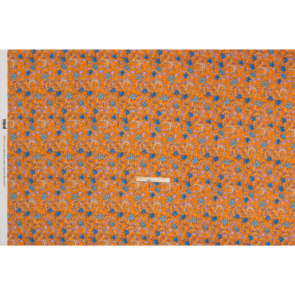 Cotton Voile - Orange and Blue Floral - Apollo's Laurel Print - Mood Exclusive Chariot Collection