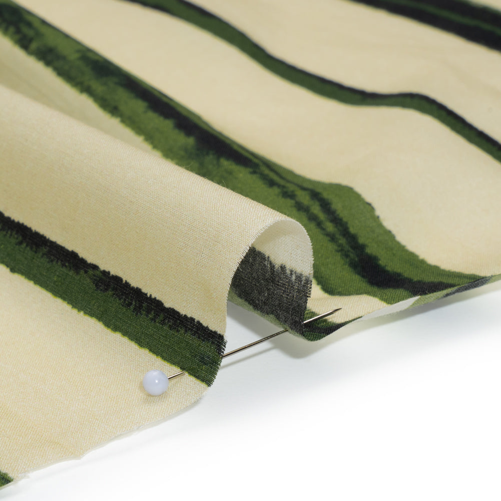 Cotton Voile - Cream and Green Painted Stripes - Verdant Trail Print - Mood Exclusive Acadia Collection