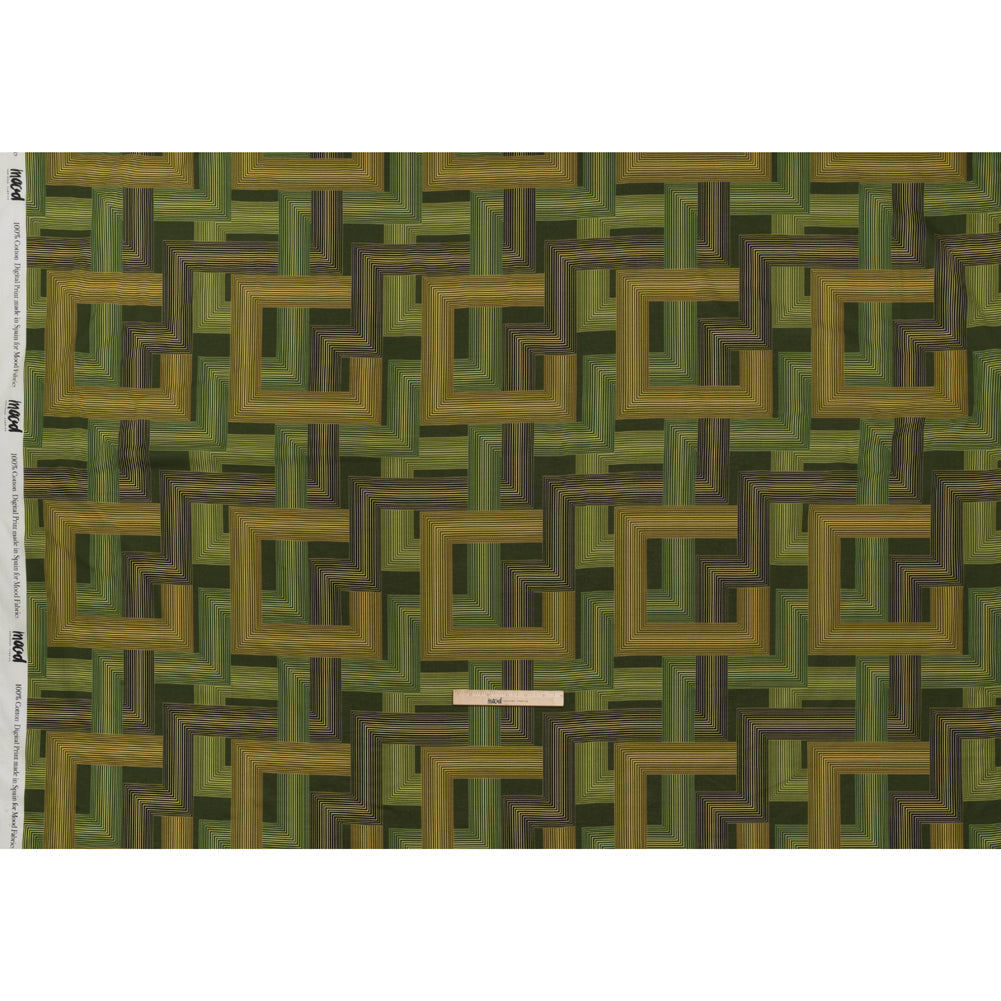 Cotton Voile - Olive and Hunter Green Geometric Lines - Hedge Maze Print - Mood Exclusive Acadia Collection