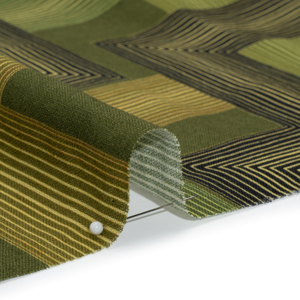Linen and Rayon Woven - Olive and Hunter Green Geometric Lines - Hedge Maze Print - Mood Exclusive Acadia Collection
