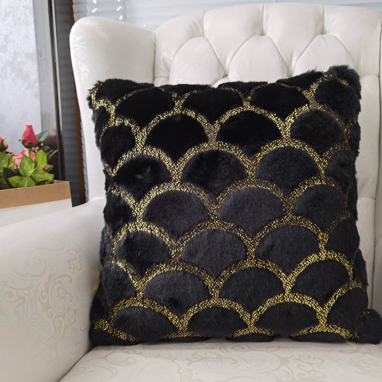 Golden Faux Fur Glow Fluffy Pillow Polyester Fabric - Black Moon With Gold Foil, 20" X 20" (1 Pillow)