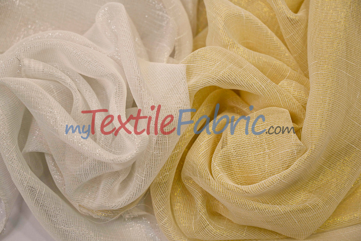 Extra Wide Metallic Faux Sheer Linen Fabric - Ivory Gold, White Silver, 108" Wide (Yards)