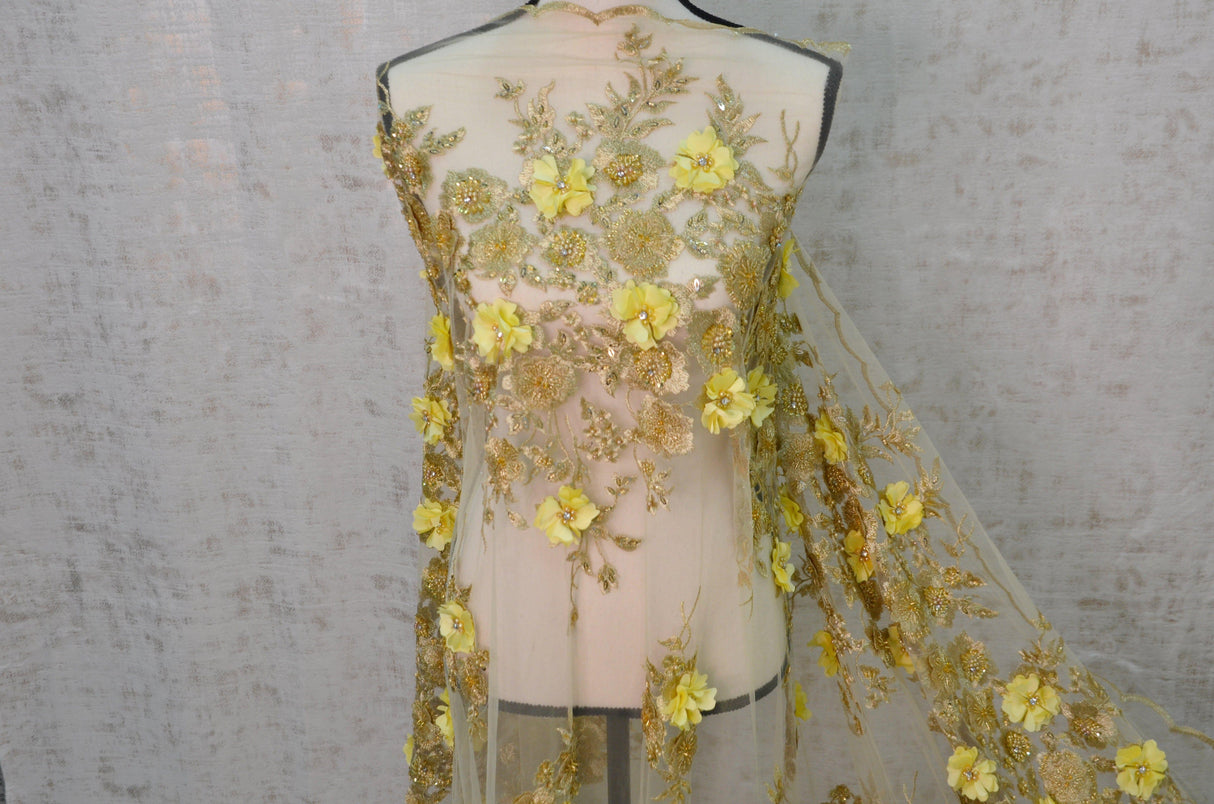 Gold Bridal Lace Metallic Gold Embroidery Lace Fabric - Floral Lace, Sequins Embellishments, 50/51" Wide (Yards)