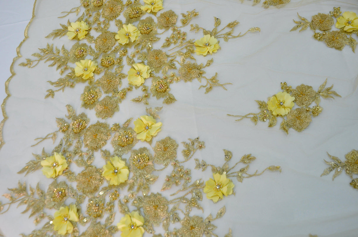 Gold Bridal Lace Metallic Gold Embroidery Lace Fabric - Floral Lace, Sequins Embellishments, 50/51" Wide (Yards)