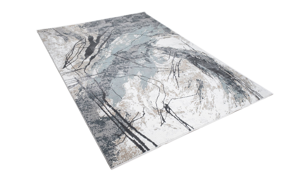 METZ 4202 Polyester Viscose Area Rug - Abstract Marbled High-Low, Crème Beige, Charcoal Tone-On-Tone, Faded Teal & Mocha Accents (9' 8" X 13')