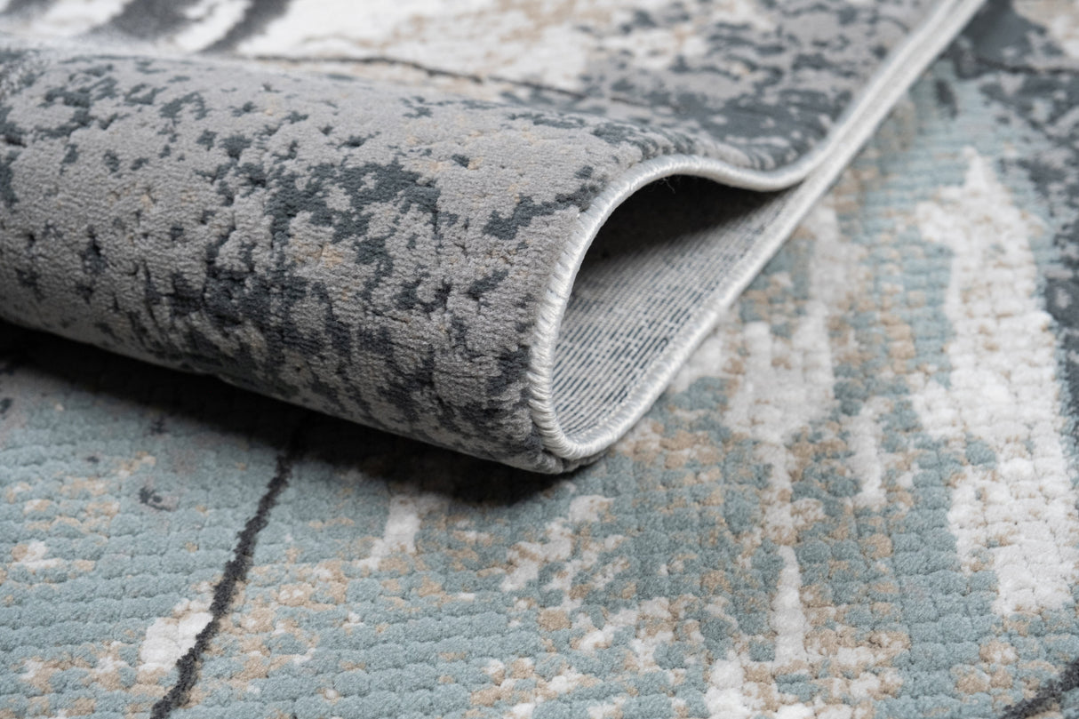 METZ 4202 Polyester Viscose Area Rug - Abstract Marbled High-Low, Crème Beige, Charcoal Tone-On-Tone, Faded Teal & Mocha Accents (9' 8" X 13')