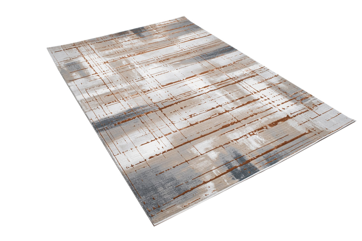 METZ 4203 Polyester Viscose Fabric - Creme, Charcoal, Silver, Mocha Abstract Geometric High-Low Texture, 9' 8" x 13' (1 Rug)