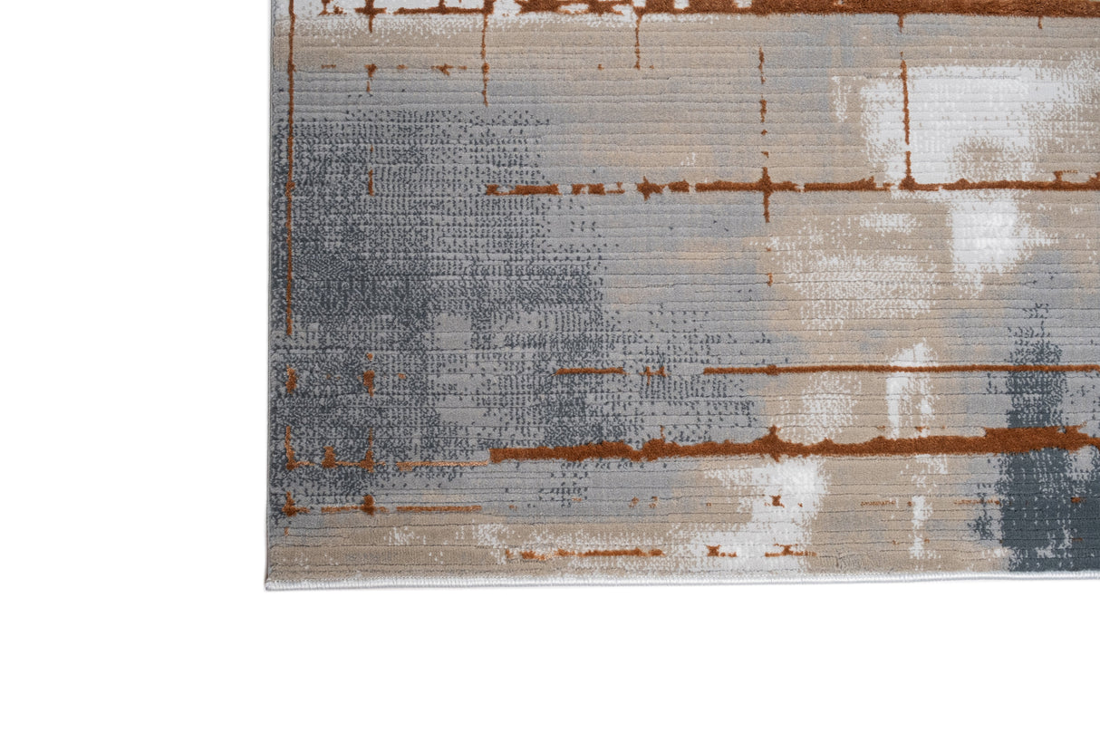 METZ 4203 Polyester Viscose Fabric - Creme, Charcoal, Silver, Mocha Abstract Geometric High-Low Texture, 9' 8" x 13' (1 Rug)