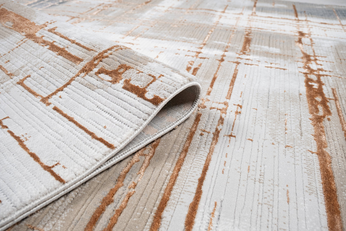 METZ 4203 Polyester Viscose Fabric - Creme, Charcoal, Silver, Mocha Abstract Geometric High-Low Texture, 9' 8" x 13' (1 Rug)