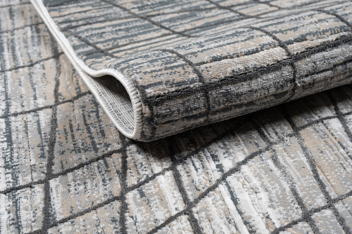 METZ 4204 Area Rug - Creme, Mocha, Beige Abstract Design, Charcoal Checker High-Low Pattern, 9' 8" X 13' (1 Unit)