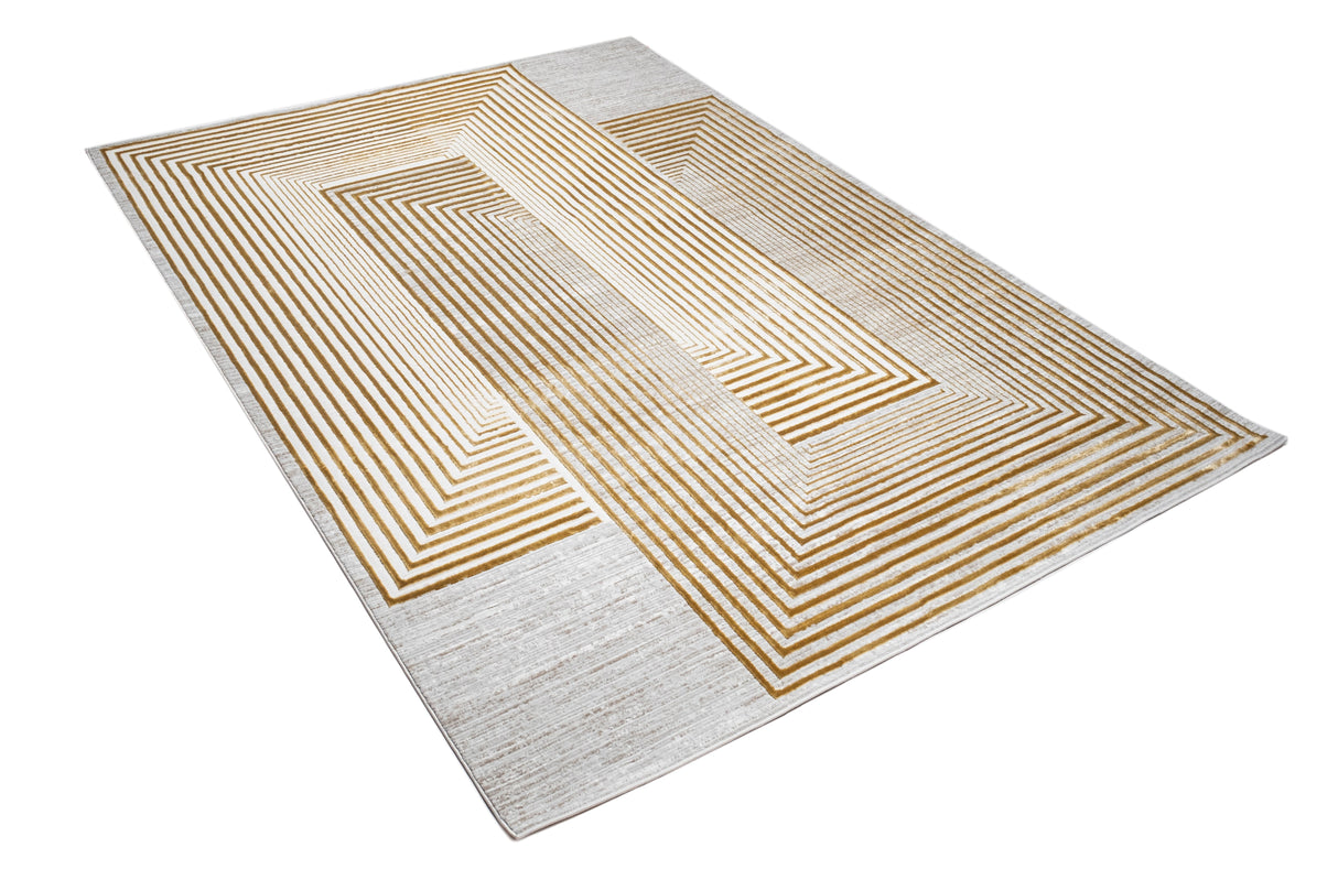 METZ 4207 Polyester Viscose Fabric - Abstract Crème Beige, Gold Bronze Geometrical Double Stacked Square High-Low Design, 9' 8" X 13' (1 Unit)