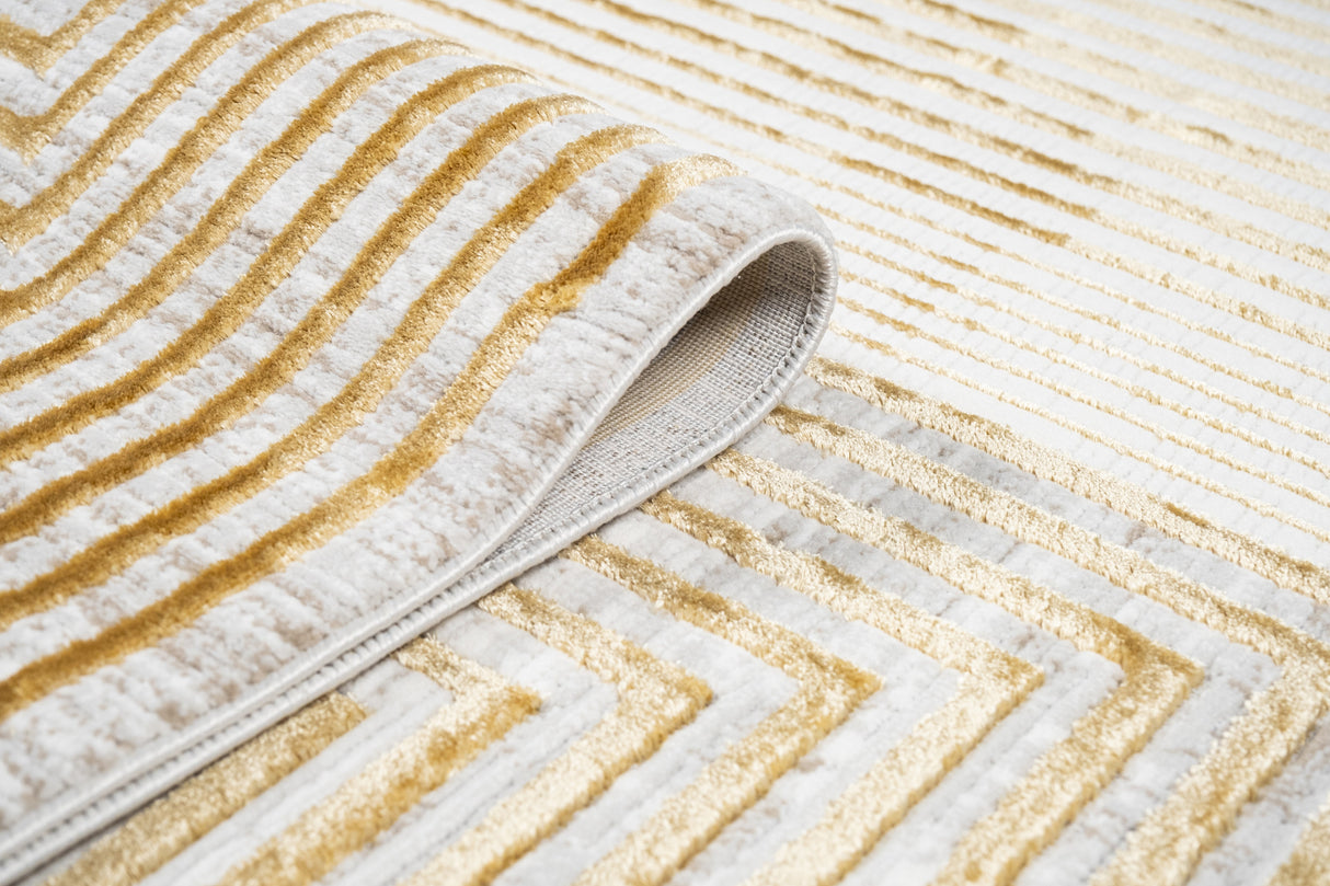 METZ 4207 Polyester Viscose Fabric - Abstract Crème Beige, Gold Bronze Geometrical Double Stacked Square High-Low Design, 9' 8" X 13' (1 Unit)