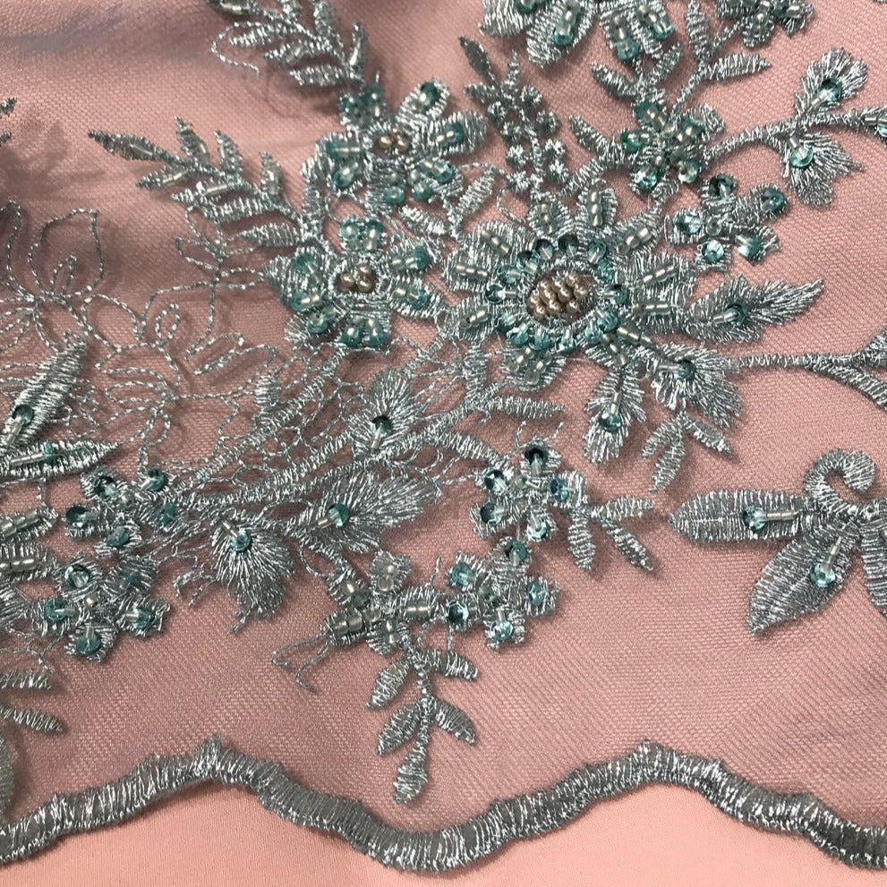 Beaded Floral Lace Fabric on Polyester Net Mesh