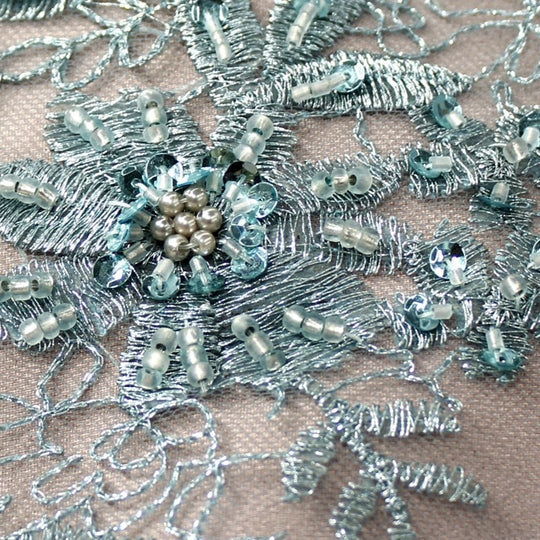 1 Yard Beaded Floral Lace Fabric Embroidered on Polyester Net Mesh 51 inch Width