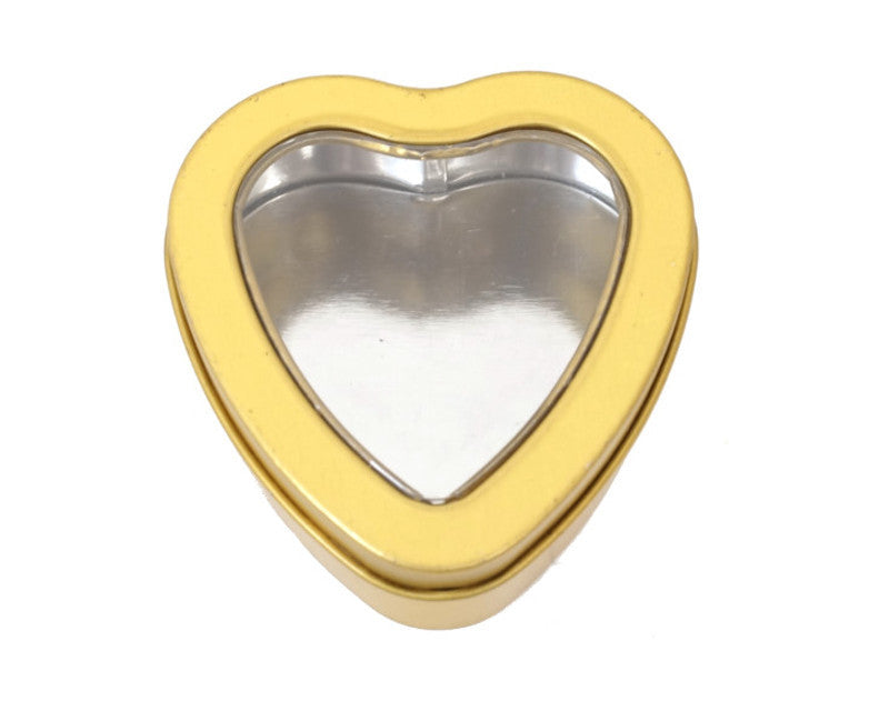 2.5" Gold Heart Shape Windowed Candy Tin Can - Pack of 12