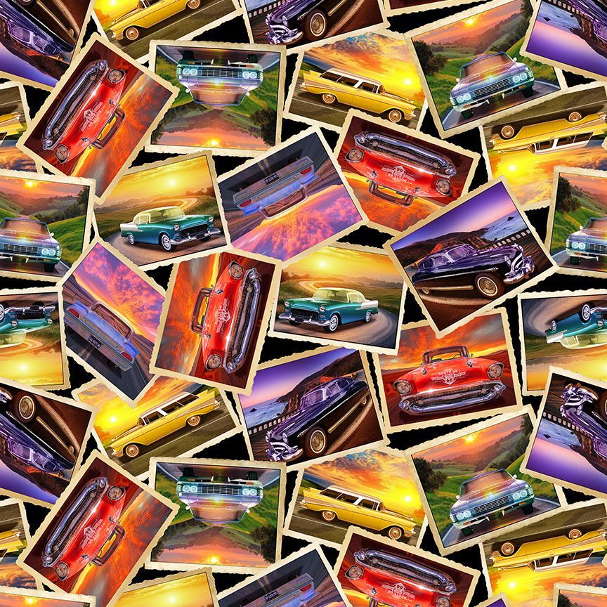 Cotton Route 66 Classic Cars Sunset Fabric