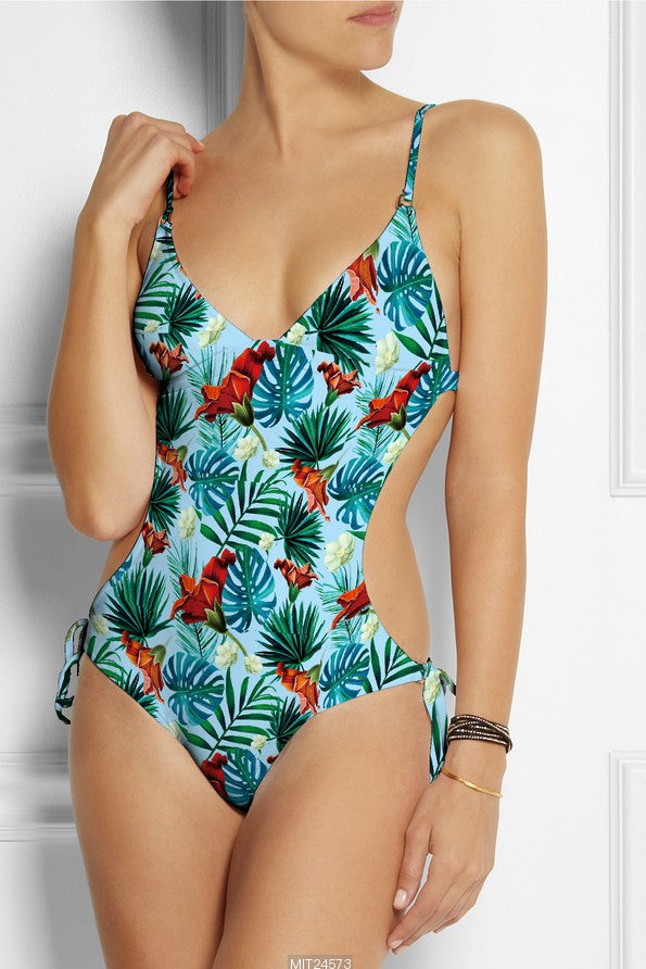 Swim Knit Blue Hawaiian Monstera Floral 4-Way Stretch