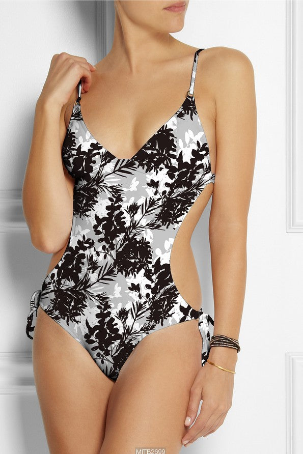 Swim Knit Poly Spandex Black and White Floral Bunches